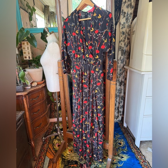 Catherine Malandrino Dresses & Skirts - Catherine Malandrino High Low Maxi Dress Black W/Red And Yellow Floral Print, S